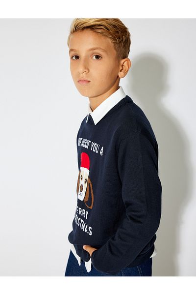 Koton New Year's Stand Collar and Half Zipper Dog Printed Sweater