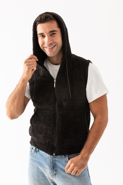 EtkiModa Men's Black Stand Collar Sleeveless Unlined Zippered Hooded Plush Vest