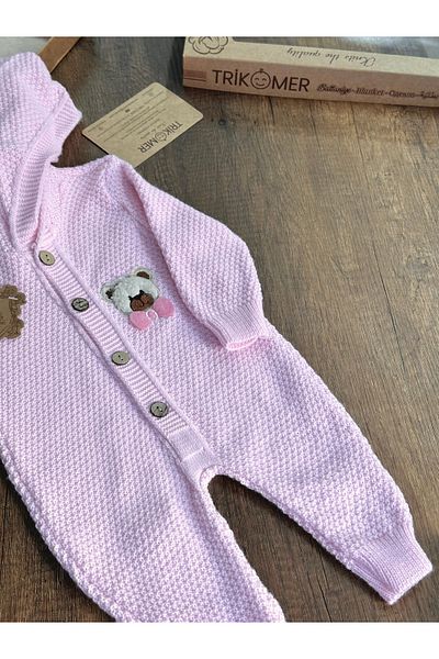 Bursa Trikomer Knitwear Knitted Teddy Bear Pattern Embroidered Newborn Anti-Sweat Soft Comfortable Baby Jumpsuit
