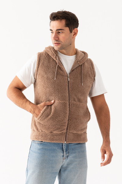 EtkiModa Мъжка безръкавна жилетка с качулка, без подплата, с цип и яка тип минк