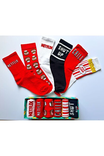 SocksandMore Film Gecesi 6'lı Çorap Kutusu Unisex Renkli Netflix Pringles yazılı