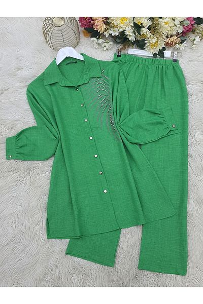 Modamorfo Green Linen Set - Set of Two with Bead Embroidery and Buttons