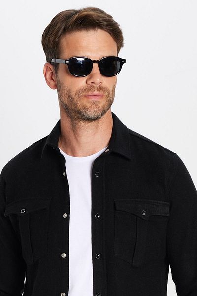 Tudors Slim Fit Μακρυμάνικο Winter Lumber Διπλό απλό ανδρικό μαύρο πουκάμισο με κάλυμμα τσέπης