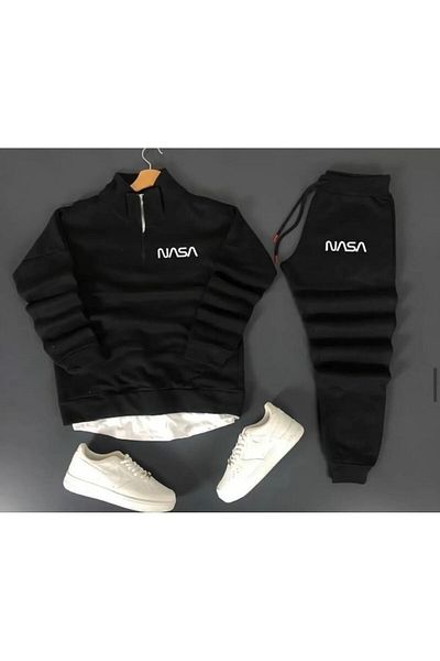 WEARTEX Unisex NASA Sportwear2 Printed Half Zipper Sweatshirt-Cotton Sweatpants Set of 2