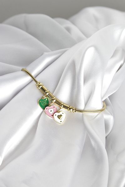 Store 3 Color Heart Detail Steel Gold Bracelet