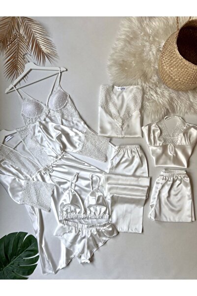 KARLİNAX İpeksi Saten Ekru Dev 8 Parça Gecelik Sabahlık Pijama Çeyiz Seti