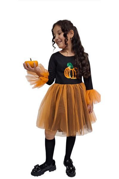 HEPSİMİNNAK Girl's Halloween Pumpkin Detailed Dress Halloween Fuuny Spooky Pumpkin Tutu Gown