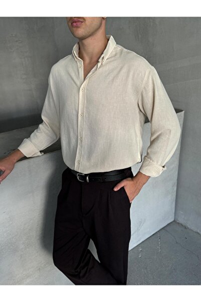HYMAN Erkek Oversize Kesim Keten Görünümlü Gömlek