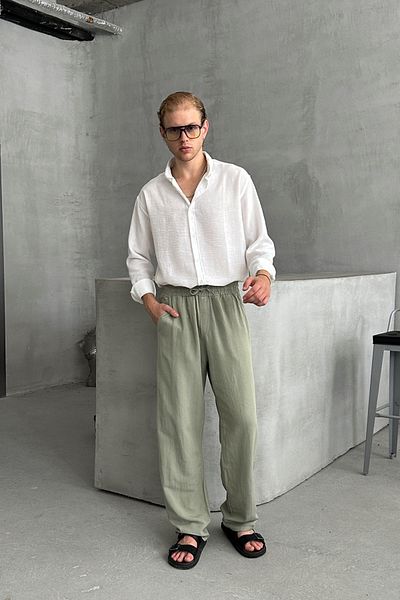 HYMAN Linen Men's Trousers - Baggy Fit, Elastic Waist