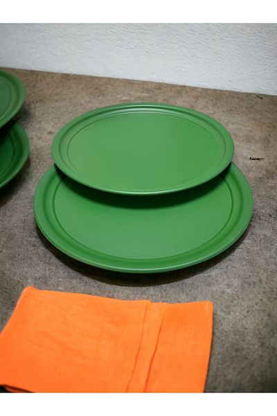 kitchen trend 2 Pieces 37 Cm Green Metal Round Tea, Coffee, Cake, Serving Tray Decorative Presentation Te