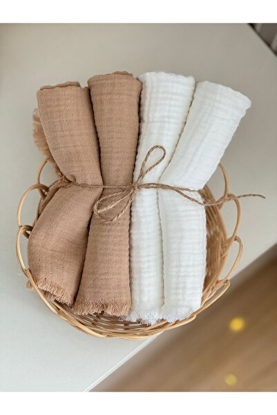 BETSY STUDIO %100 Pamuk Bebek Ağız Silme Mendili 4'lü Set Beyaz Kahverengi Om...