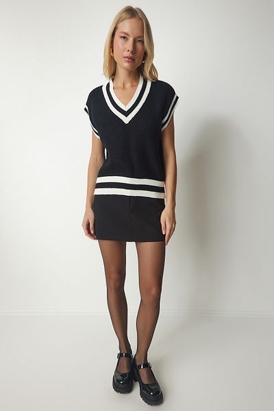 Lovelyİstanbul Oversize Knitwear Sweater - Stripe Detailed, Black Ecru Lpf0070