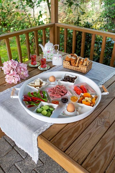 kitchen trend 3 Piece 45white, 37red, 30green Metal Tray with Wooden Handles Tea Tray Presentation Tray Set