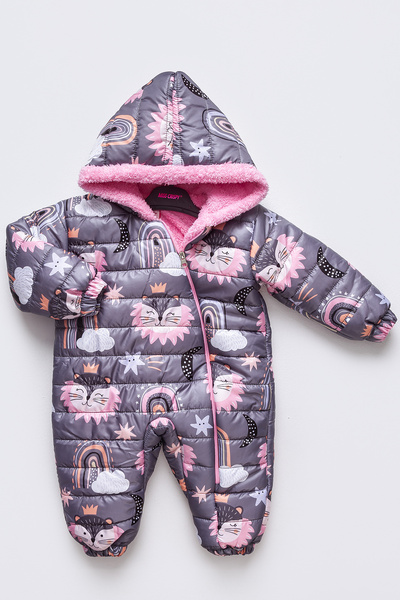 Mika Bebek & Çocuk Purple Baby Girl Astronaut Cosmonaut Jumpsuit - Rainbow, Cloud and Star Figure, Fur Inside, Hood