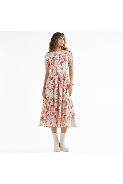 FAV Floral Print Midi Dress with Smocked and Lace Detail