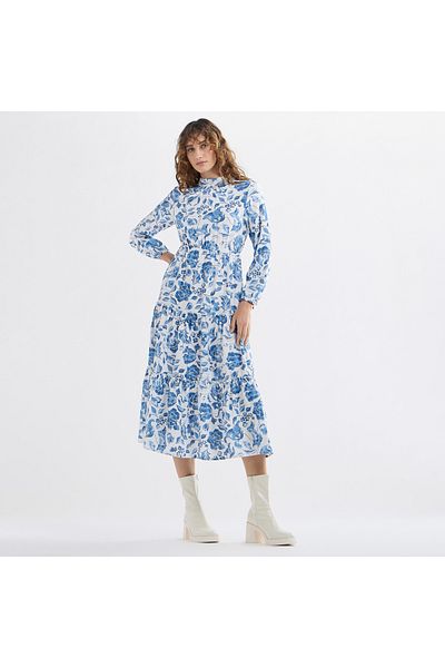 FAV Floral Print Midi Dress with High Neck and Long Sleeves
