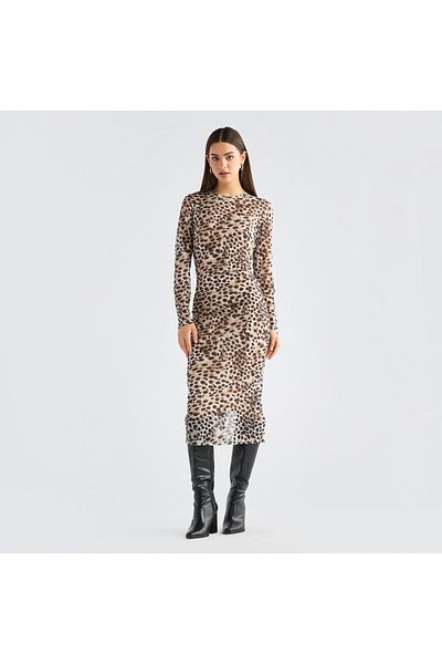 FAV Printed Bodycon Dress with Long Sleeves and Slit Detail