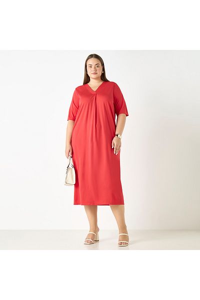 Ulla Popken Plus Size Ulla Popken V-neck Dress with Short Sleeves and Pockets