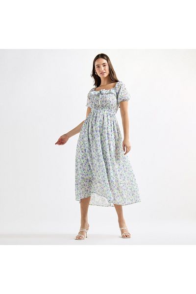FAV All-Over Floral Print A-line Dress with Ruffles and Shirred Detail