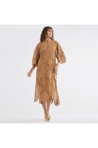 FAV Lace Detail A-Line Dress with High Neck and Short Sleeves