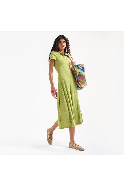 FAV Ribbed Midi T-shirt Dress with Collar and Short Sleeves