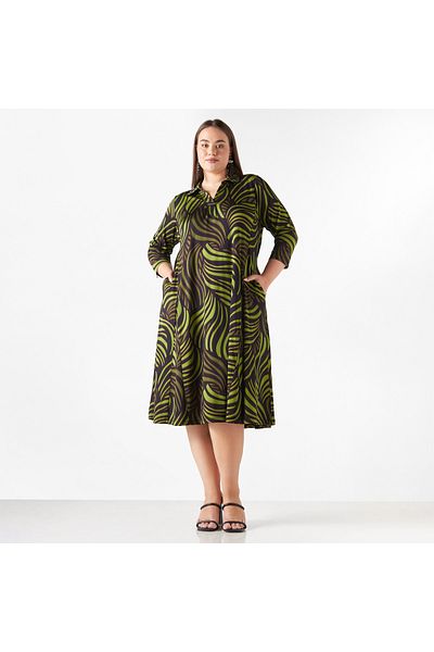 Ulla Popken Plus Size Ulla Popken Printed Midi Dress with Pockets