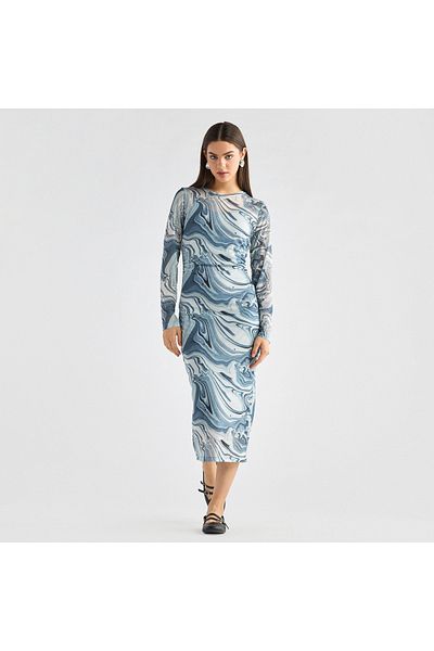 FAV Printed Bodycon Dress with Long Sleeves and Slit Detail