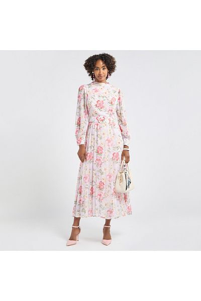 FAV Floral Print A-line Dress With Long Sleeves And Belt