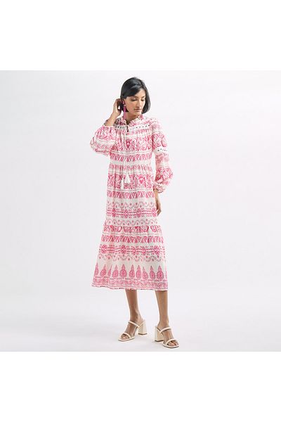 FAV All-Over Print Tiered Dress with Ruffled Collar and Tie-Ups