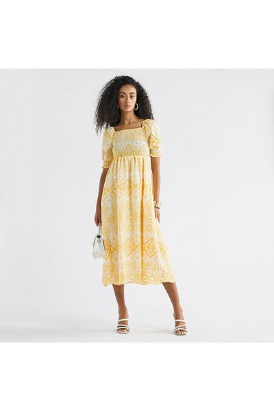 FAV Embroidered A-Line Midi Dress with Shirred Detail and Short Sleeves