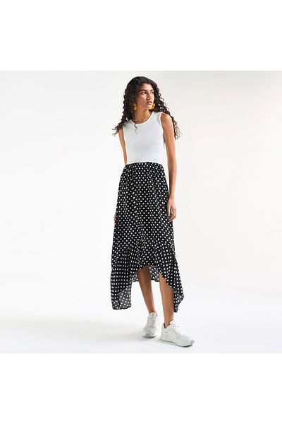 FAV Polka Dot Print Sleeveless Dress with Round Neck and Asymmetrical Hem