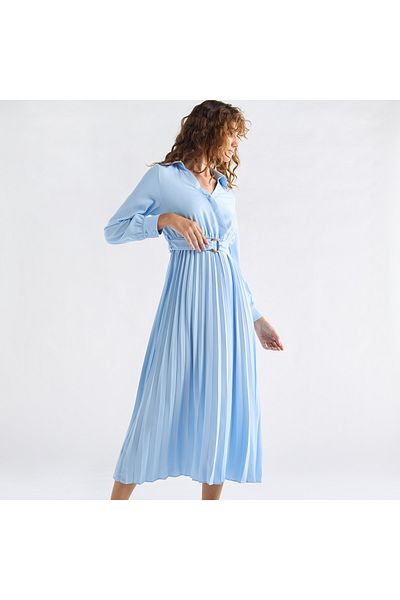 FAV Pleated Shirt Dress with Belt and Long Sleeves