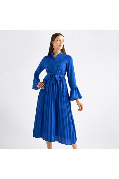 FAV Pleated Mandarin Collar Dress with Bell Sleeves and Tie-Up Belt