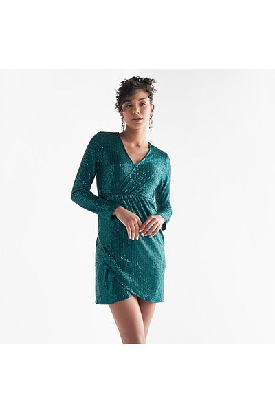 FAV All-Over Embellished V-neck Dress with Long Sleeves