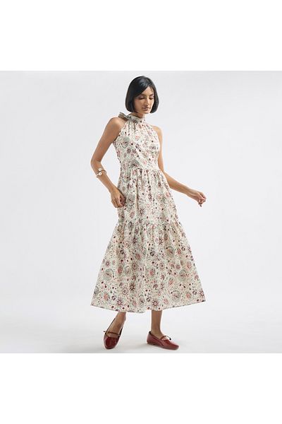 FAV All-Over Floral Print Halter Neck Tiered Dress with Tie-Ups