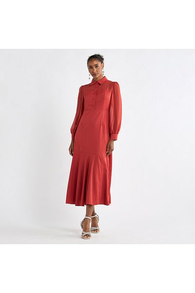 FAV Solid A-line Shirt Dress with Long Sleeves