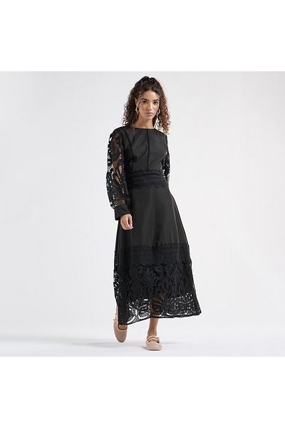 FAV A-line Midi Dress with Long Sleeves and Lace Detail