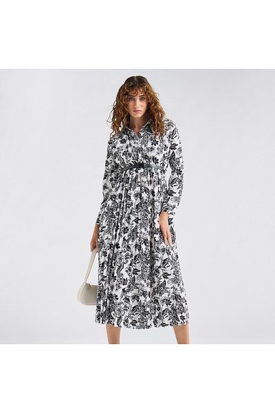 FAV All-Over Floral Print Shirt Dress with Long Sleeves and Pleat Detail