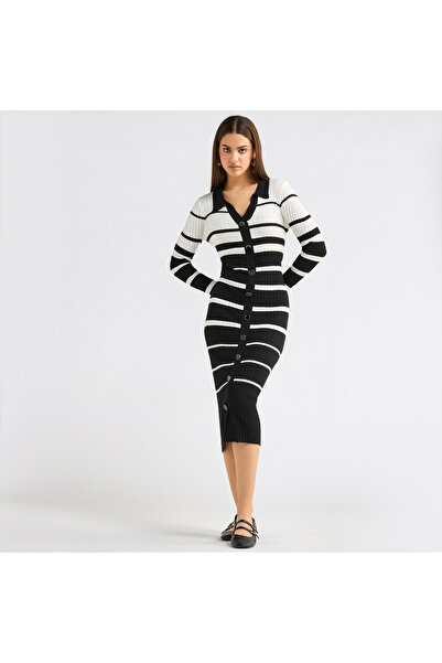 FAV Striped Collared Shirt Dress with Long Sleeves