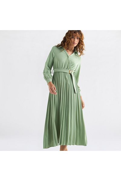 FAV Pleated Shirt Dress with Belt and Long Sleeves