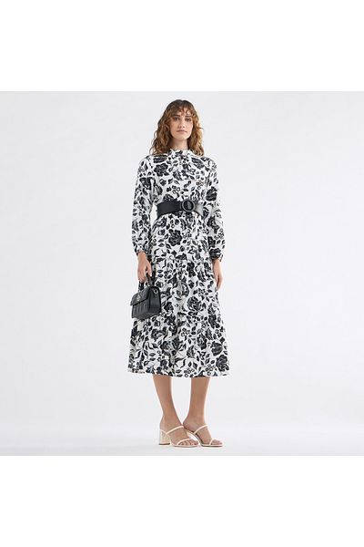 FAV Floral Print Midi Dress with High Neck and Long Sleeves