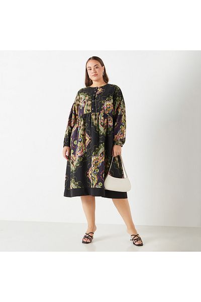Ulla Popken Plus Size Ulla Popken All-Over Floral Print Midi Dress with Long Sleeves