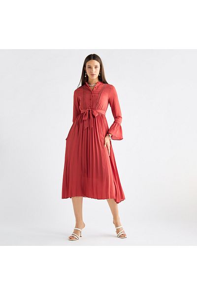 FAV Pleated Mandarin Collar Dress with Bell Sleeves and Tie-Up Belt