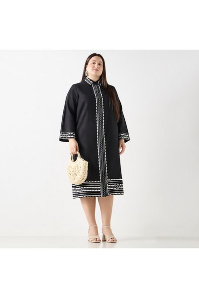Ulla Popken Plus Size Ulla Popken Embroidered Shirt Dress with Long Sleeves
