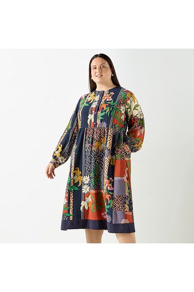 Ulla Popken Plus Size Ulla Popken All-Over Floral Print Midi Dress with Long Sleeves