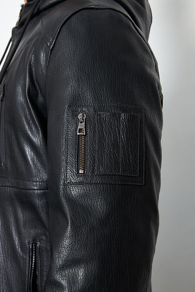 By Marki Marki Men's Black Leather Coat - Vintage Style, Hood, Zipper and Snap, Fur Lining