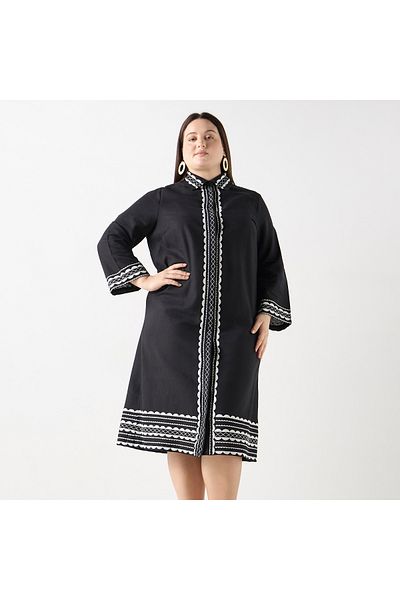 Ulla Popken Plus Size Ulla Popken Embroidered Shirt Dress with Long Sleeves