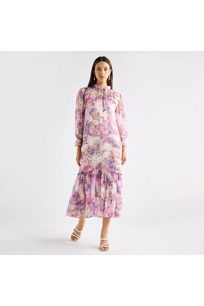 FAV All-Over Floral Print Mandarin Collar Dress with Volume Sleeves and Flounce Hem