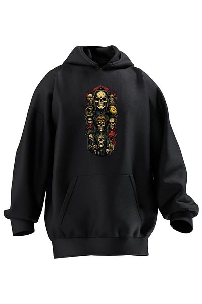 NMG TEKSTİL Μαύρο Premium Cotton - Φούτερ με κουκούλα με στάμπα ινδικών κρανίων