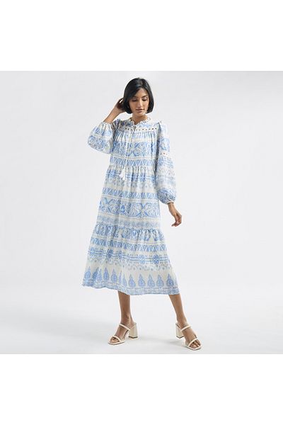 FAV All-Over Print Tiered Dress with Ruffled Collar and Tie-Ups